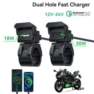Waterproof Handlebar Mount & LED Voltmeter - 2 in 1 Fast Charger