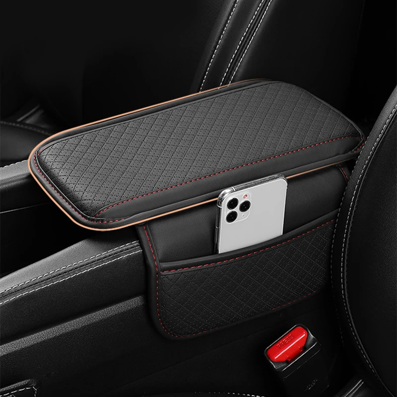 Leather Car Armrest Cushion with Side Storage Pocket