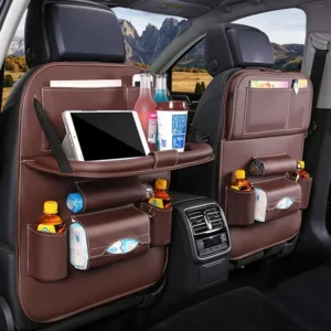 Premium PU Leather Car Back Seat Organizer with Foldable Table Tray