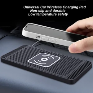 Magnetic wireless charging pad charging a smartphone on a desk for home and office use.